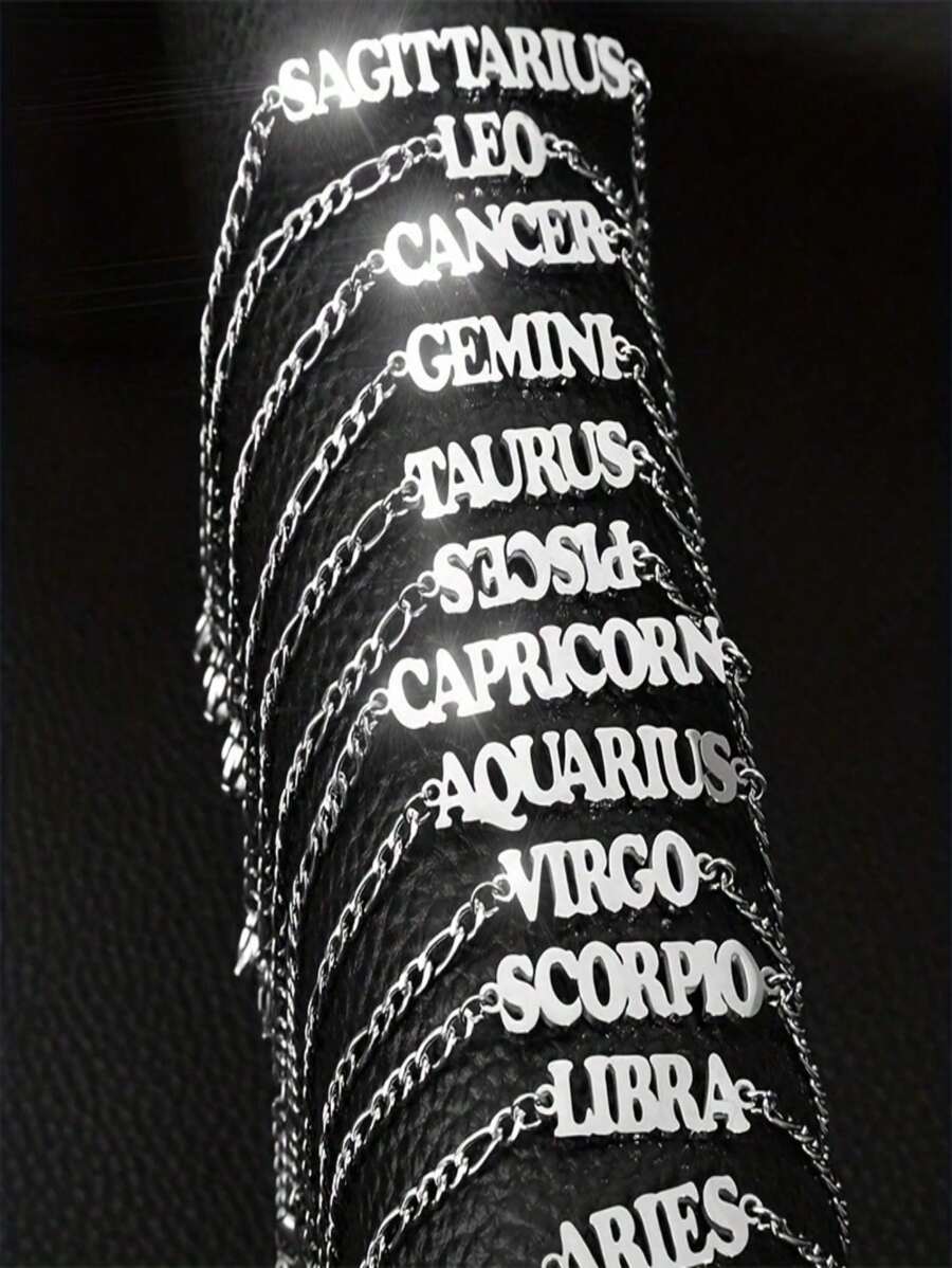 1 Pc Stainless Steel Fashion New Zodiac Letter Pendant Bracelet Jewelry NK Chain Twelve Constellations Birthday Gift For Women Girls And Men , Party ,Christmas Gift,New Year,Mother'S Day - Silver - View 1