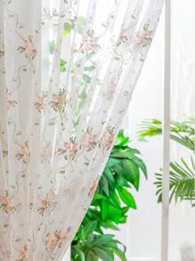 1pc Perforated Fresh Ditsy Floral Embroidered Sheer Curtain For Bedroom/Living Room, Pink