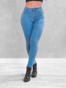 Shein Women's Jeans Luxury Skinny High Waist Lifts Butt With Lycra Elastane - 淺藍色 - 查看 1