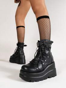 Women's Fashion Platform Wedge Boots - Black - View 5