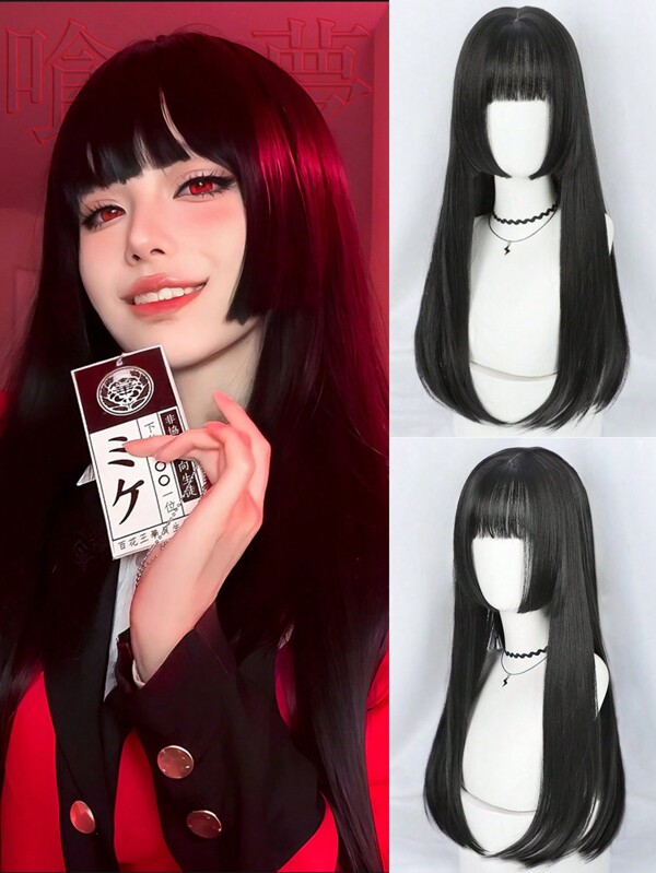 Perruque noire synthétique longue et droite avec frange, perruque Lolita pour costume, fibre résistante à la chaleur pour port quotidien, soirée, femme, Halloween