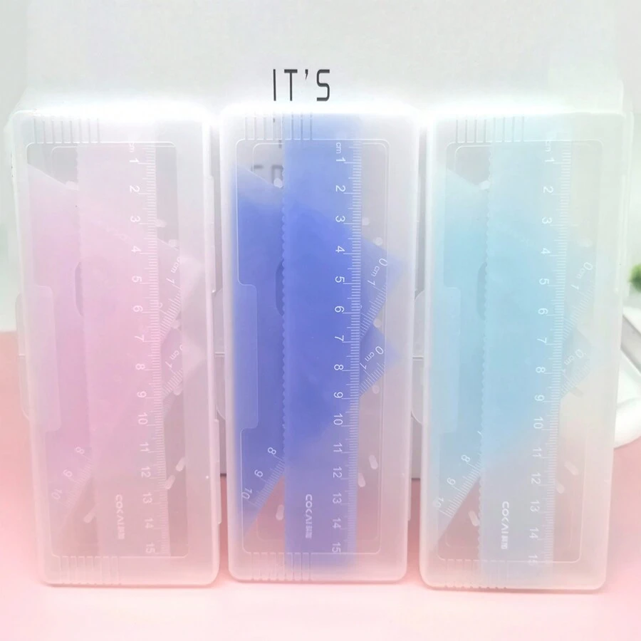 4 件/套鲜艳果冻色尺子套装，可爱透明多功能文具盒套件，PVC 材料，包括量角器、直尺和三角尺，带储物盒的基本几何工具，三角形、直线和量角器绘画尺，适用于学校、办公室和艺术项目 - 非常适合学生、教师和设计师，学校季节礼物