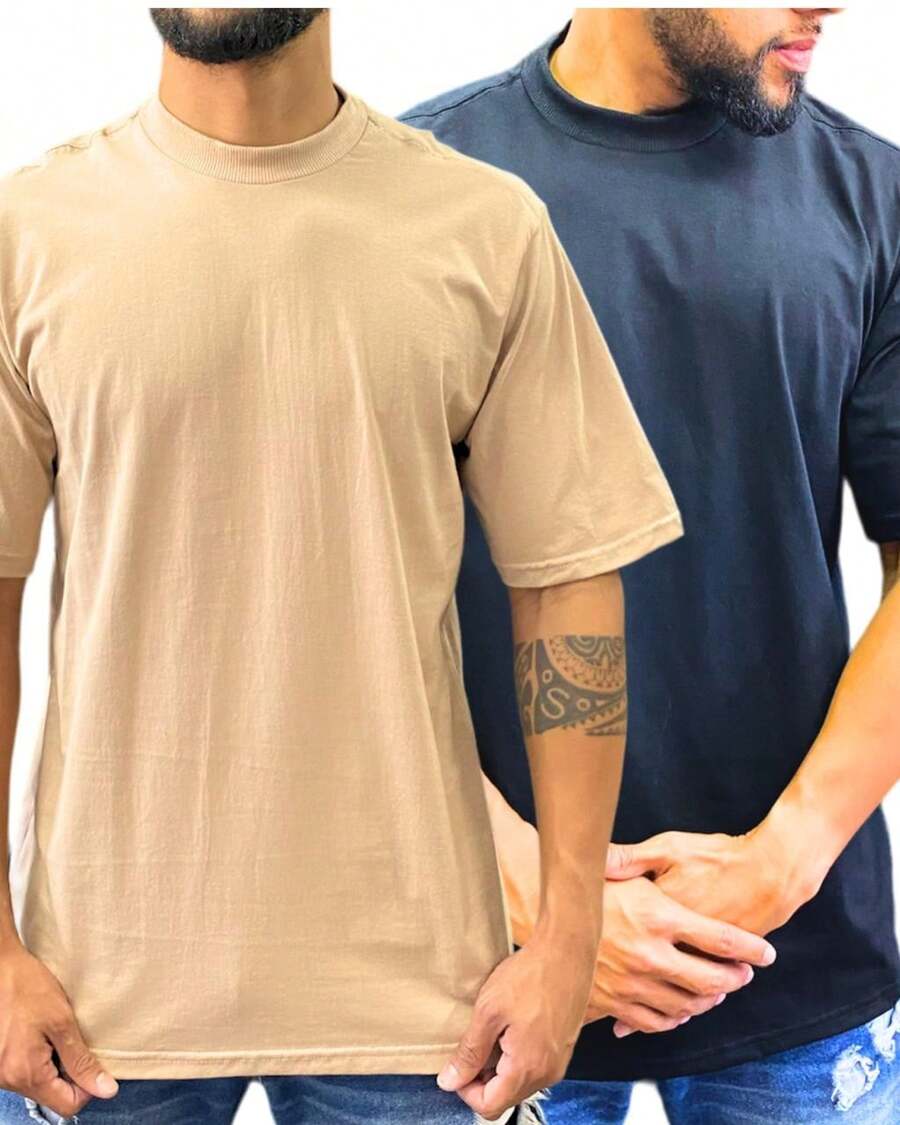 Kit 2 Men's Basic Oversized Streetwear Plain Cotton T-Shirt - 米色 - 查看 1