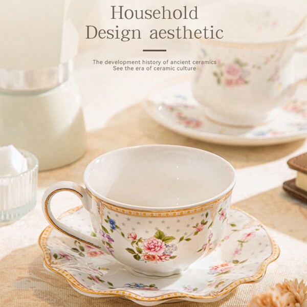 1 Set French Coffee Cup & Saucer, Ceramic Cup With Gold Rim, Retro Ditsy Floral Afternoon Tea Cup, High-End Coffee Cup & Saucer, Office Water Cup, Gift For Birthday, Mother's Day