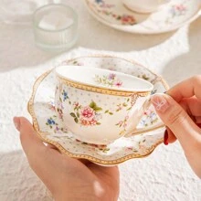 1 Set French Style Coffee Cup & Saucer, Ceramic Cup With Gold Rim, Vintage Floral Afternoon Tea Cup, High-End Coffee Cup & Saucer, Office Water Cup, Gift For Birthday, Mother's Day