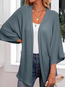 Plus Size Women Casual Loose Batwing Sleeve Solid Color Knitted Cardigan - Dusty Blue - View 1