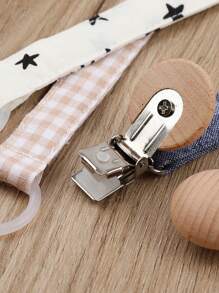 1pc Baby Fashion Printed Plaid Polka Dot Stripe Silicone Pacifier Chain & Wooden Pacifier Clip, Suitable For Daily Use - Multicolor - View 8