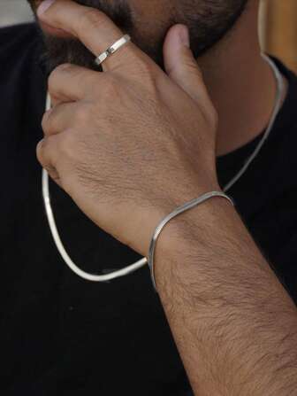 3 件装不锈钢简约几何光滑戒指、蛇骨链手链和项链首饰套装，适合男士、日常佩戴或送礼