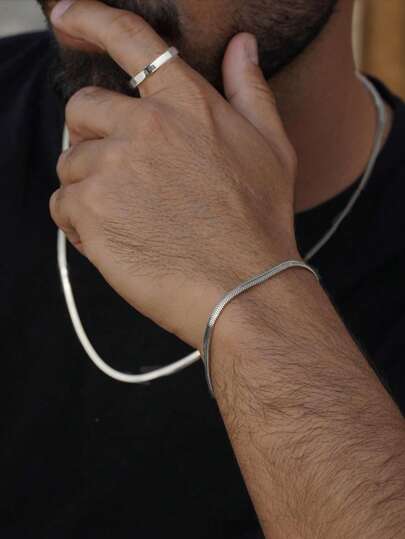 3pcs Stainless Steel Minimalist Geometric Smooth Ring, Snake Bone Chain Bracelet And Necklace Jewelry Set For Men, Daily Wear Or Gift