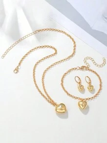 4 件套女孩金色心形耳环和项链首饰套装，合金颈链和耳环 - 金色 - 查看 1