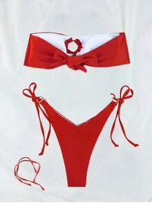 Conjunto de biquíni feminino estilo europeu e americano para férias de verão na praia, composto por 2 peças, com top tomara que caia acolchoado em nylon e amarração lateral. - Vermelho - Ver 3