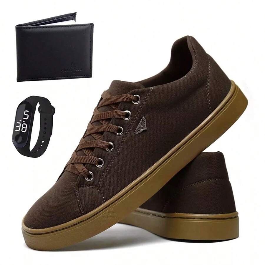 Men's Casual Sneakers Skate Shoes Kit With Wallet And Watch! - 鏽棕色 - 查看 1