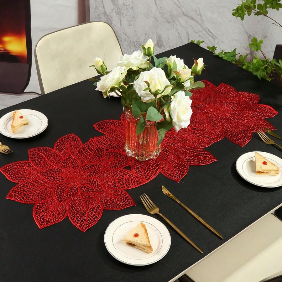 1pc Christmas Flower Pattern PVC Placemats, Gold Foil Waterproof Heat-Resistant Dining Table Mat For Home/Restaurant - Table Runner - View 1