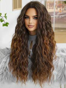 精致蓬松 28 英寸长蓬松棕色金色中卷假发，带亮点，合成纤维假发，专为女性设计，适合女性节日角色扮演万圣节圣诞节日常使用 - 漸層棕色 - 查看 6