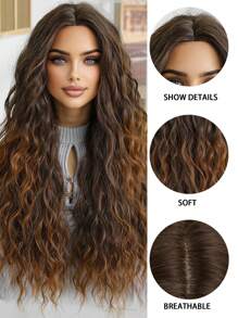 精致蓬松 28 英寸长蓬松棕色金色中卷假发，带亮点，合成纤维假发，专为女性设计，适合女性节日角色扮演万圣节圣诞节日常使用 - 漸層棕色 - 查看 7