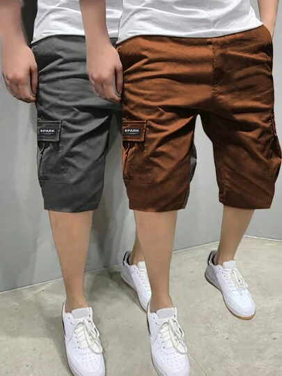 青少年男孩 2 件装休闲口袋户外短裤 带英文标志，春夏