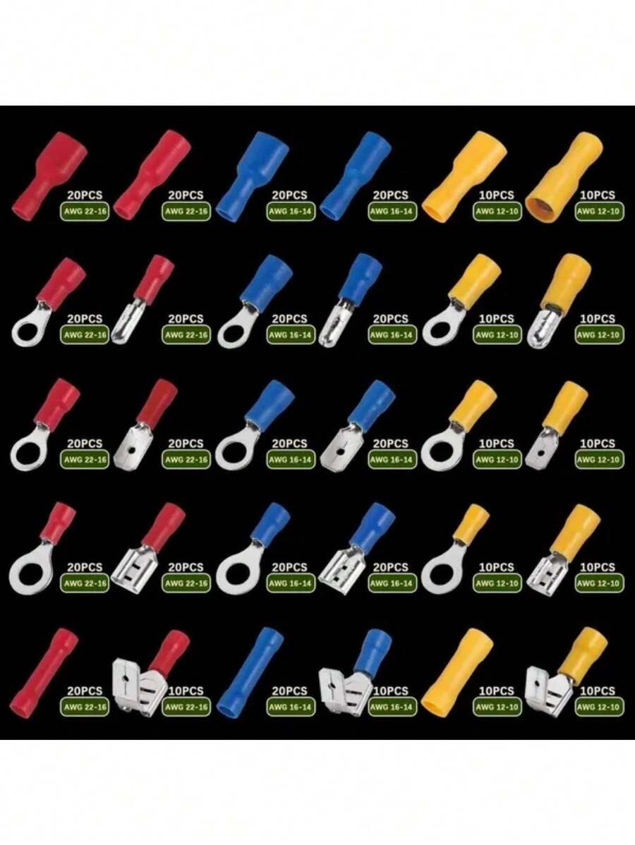 Juego surtido de 480/300/280 piezas de conectores de cable aislados, cables, terminales de anillo retorcidos, terminales de horquilla, y terminales de tope para crimpar - Multicolor - Ver 1