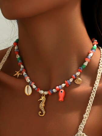 1 st. dopaminhalsband med natursten, snäckskal, sjöhäst och liten fisk för kvinnor, lämpligt för alla årstider. Alternativ inkluderar guldsjöstjärna, guldsnäckskal, snäckskal med infälld glasdiamant, konstpärla etc. Enskilda material är naturligt formade. Handgjort beroende på bärlängd, kvantitet och storlek kan skilja sig något från den officiella bilden.