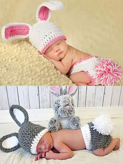 2 件卡通兔子婴儿摄影套装兔子婴儿照片针织道具服装婴儿洗澡家庭装饰礼物婴儿洗澡复活节礼物适合女孩/男孩的东西