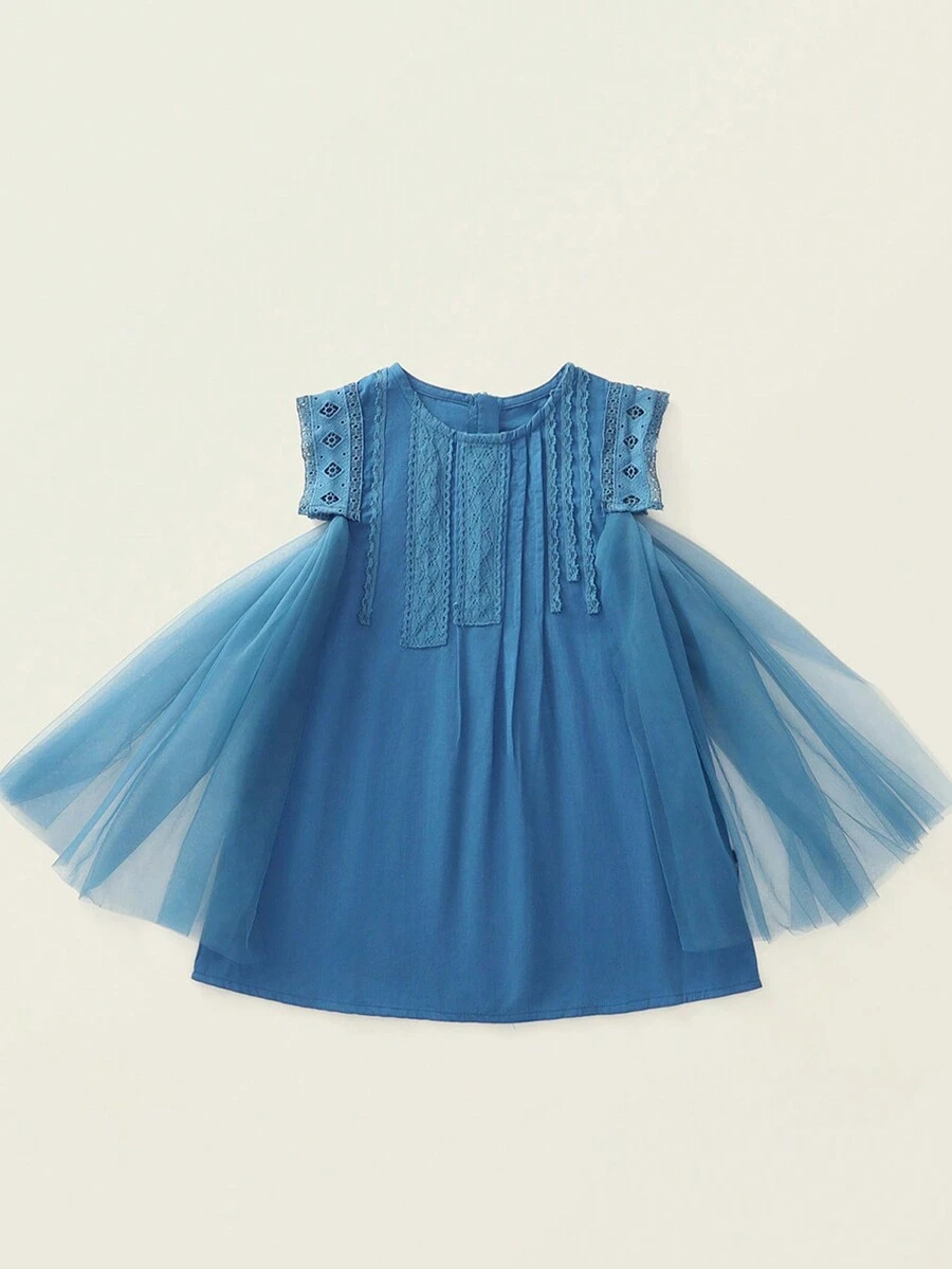 1 pieza Vestido casual para niñas de unicolor con diseño de encaje sin mangas, verde, cómodo corte con malla transpirable empalmado, para verano. - Azul Cadete - Ver 1