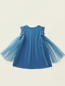 1 pieza Vestido casual para niñas de unicolor con diseño de encaje sin mangas, verde, cómodo corte con malla transpirable empalmado, para verano. - Azul Cadete - Ver 2