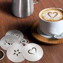 4pcs Reusable Stainless Steel Coffee Decorative Stencils, Latte Art Template For Cappuccino, Cafe, Cake, Tiramisu Back To School - Silver - View 1