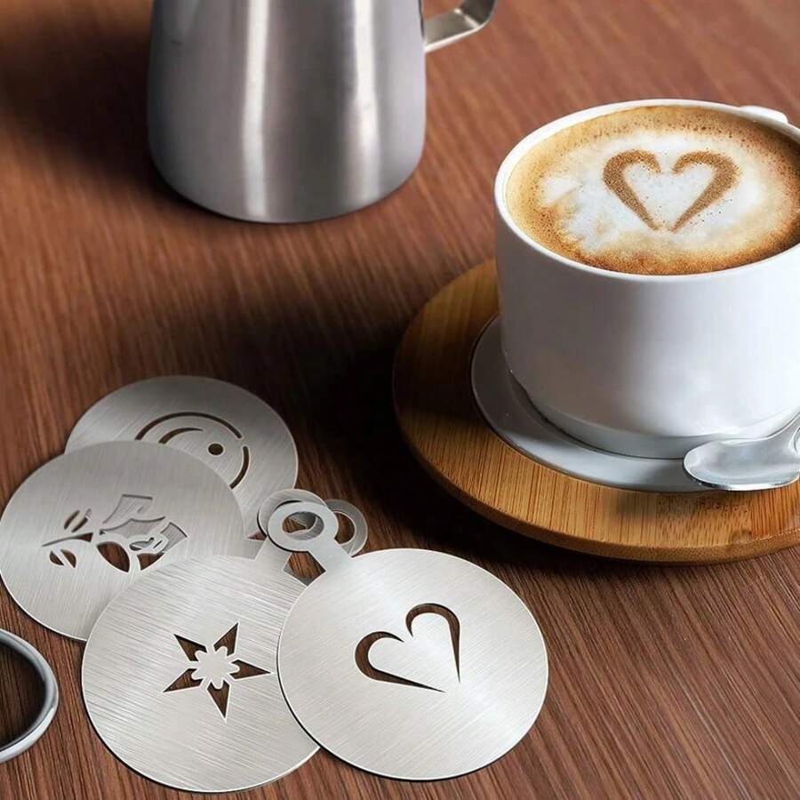 4pcs Reusable Stainless Steel Coffee Decorative Stencils, Latte Art Template For Cappuccino, Cafe, Cake, Tiramisu Back To School - Silver - View 1
