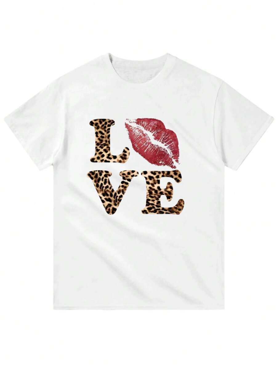 Leopard Lip "LOVE" Print Crew Neck Short Sleeve T-Shirt For Women - White - View 1