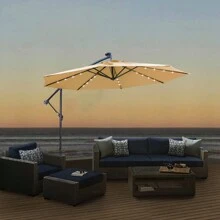 10FT Patio Umbrella, Outdoor Offset Umbrella With Cross Base And Crank, Cantilever Umbrella With Solar Lights, Hanging Market Umbrella With Sturdy 8 Rids For Pool, Deck, Backyard, Porch - Camel - View 3