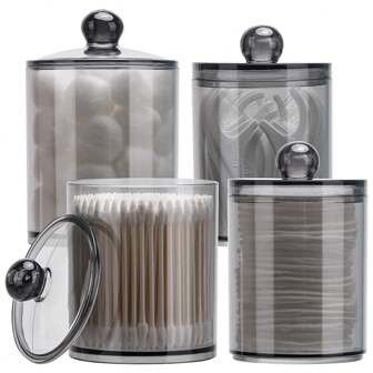 4 件透明 12 盎司、10 盎司 Qtip 收纳盒，卫生间浴室收纳盒和收纳球、清洁棉签、圆形垫、牙线、带盖塑料药瓶套装，宿舍、浴室配件、房间装饰