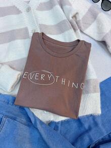 Women's T-Shirt Short Sleeve 100% Cotton Crew Neck Always With Print E VERY THING - 咖啡棕 - 查看 2