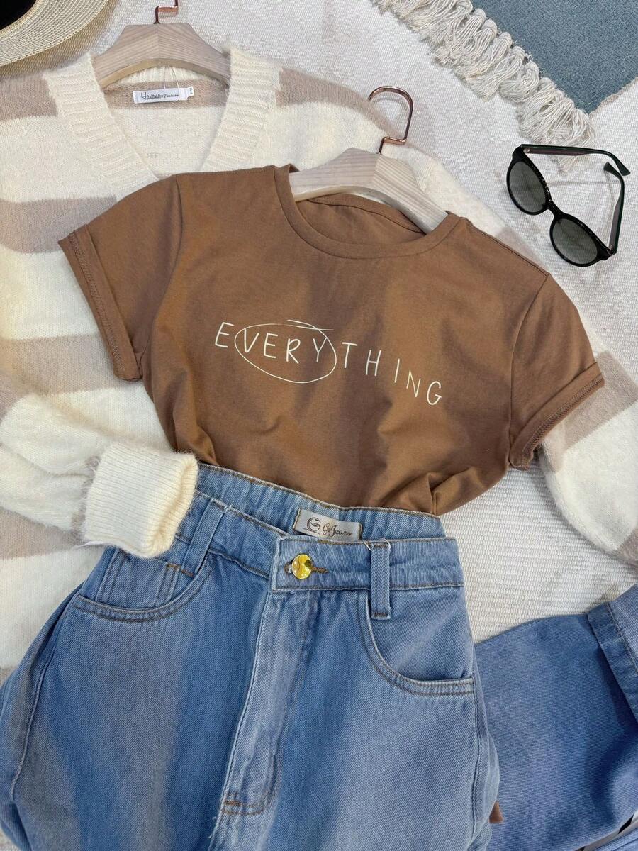 Women's T-Shirt Short Sleeve 100% Cotton Crew Neck Always With Print E VERY THING - 咖啡棕 - 查看 1