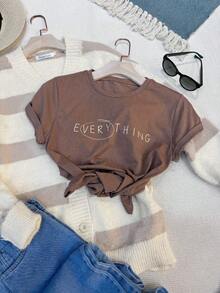 Women's T-Shirt Short Sleeve 100% Cotton Crew Neck Always With Print E VERY THING - 咖啡棕 - 查看 4