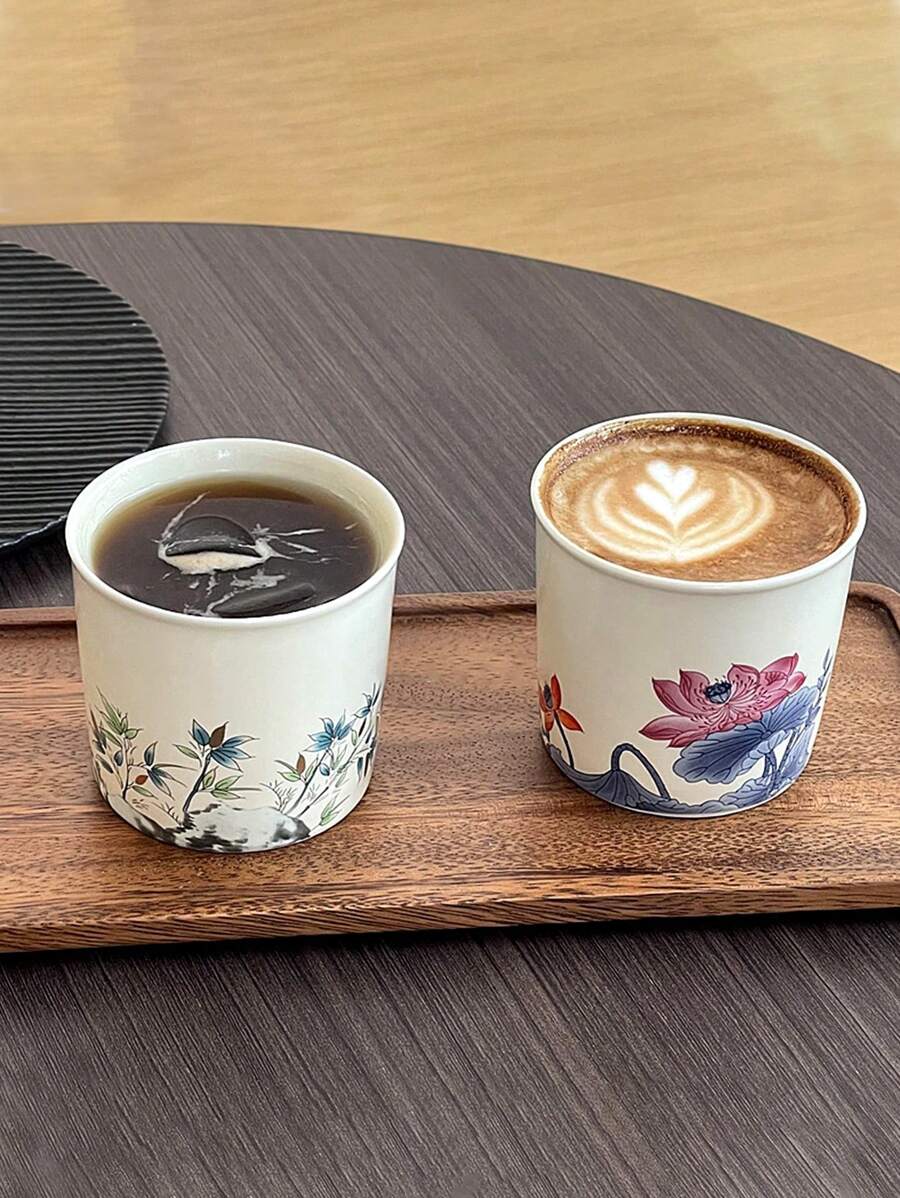 1 件莲花图案陶瓷咖啡杯，红茶杯，家庭/客厅陶瓷茶杯，拿铁咖啡杯返校 - 彩色 - 查看 1