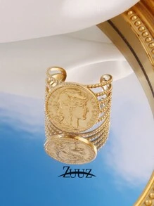 1pc Vintage Stainless Steel Round Coin Ring, Geometric Shape, Punk Hip-Hop Style, Knuckle Open Ring, Fashion Accessory Gift - Ring - View 8