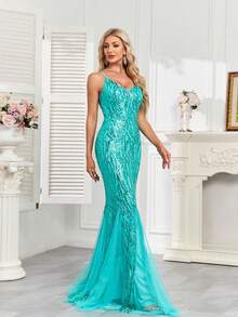 hezixi 优雅亮片性感晚礼服，长款鱼尾裙摆，适合正式舞会、奢华婚礼派对、鸡尾酒会等场合，也适合作为婚礼宾客、毕业典礼或晚宴礼服。 - 薄荷綠 - 查看 5