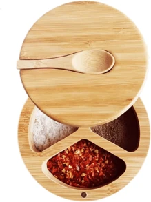 Bamboo Small Salt And Pepper Bowls, Divided Salt Cellar With Swivel Lid And Spoon, Seasoning Containers With Magnetic Lid To Keep Dry, Mini Spoon Built Into Top - Bamboo - View 5