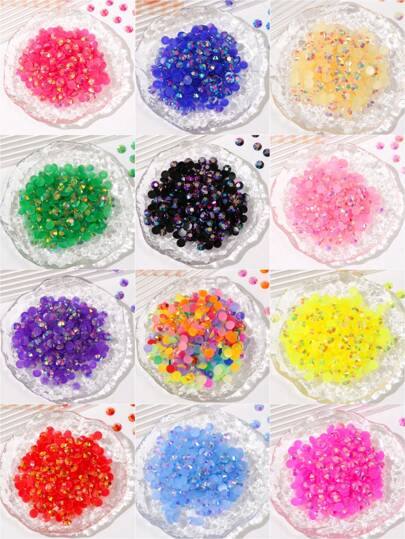 2-6mm Jelly AB Round Resin Non-Hot Melt Rhinestones, Flat Bottom Plastic Glue-On Crystal Nail Art Gems, Sequins, Flat Bottom, Suitable For Nail Art, Clothing, Crafts, Cups, Bags Decorative Beads