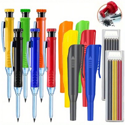 طقم قلم نجار صلب 4 قطع بسمك 2.8 مم مع غطاء قلم, قلم رصاص آلي بثقب عميق مع مبراة مدمجة لنجار النجارة المعماري (1 قلم رصاص + 1 غطاء قلم رصاص + 2 علب من المناشير)