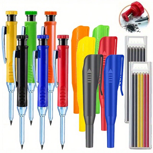 4 Stücke/Set 2,8mm Zimmermanns-Bleistifte mit Bleistiftkappe, Mechanischer Bleistift-Marker mit tiefem Loch und integriertem Spitzer für Zimmermänner, Holzverarbeitung, Architekten (1 Bleistift + 1 Bleistiftkappe + 2 Schachteln Minen)