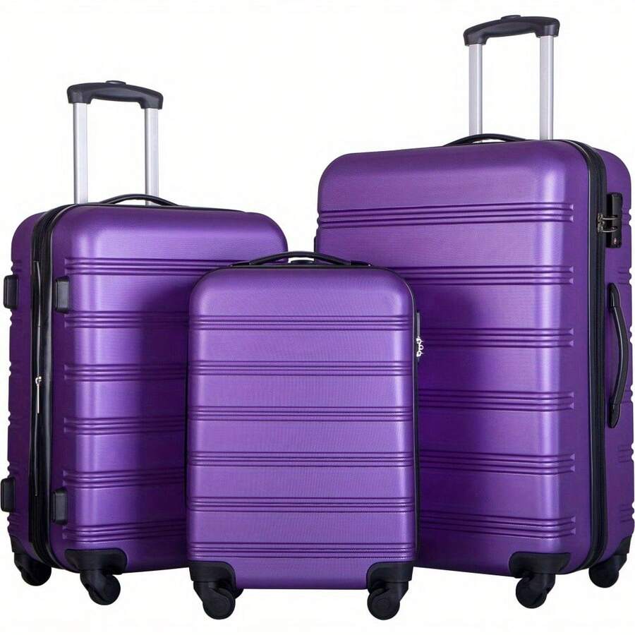3 Piece Luggage Set Hardside Spinner Suitcase With TSA Lock 20" 24" 28" Available - 紫色+ABS - 查看 1