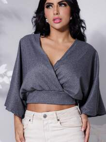 Women's Cropped Cross-Blouse V-Neck Bat Sleeve - 灰色 - 查看 2