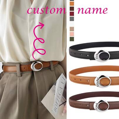 1pc Fashionable Genuine Leather Belt, Vintage Gold Buckle Decor, Suitable For Skirts, Jeans, Daily Wear, Outing, Customized Name Belt, Christmas Gift