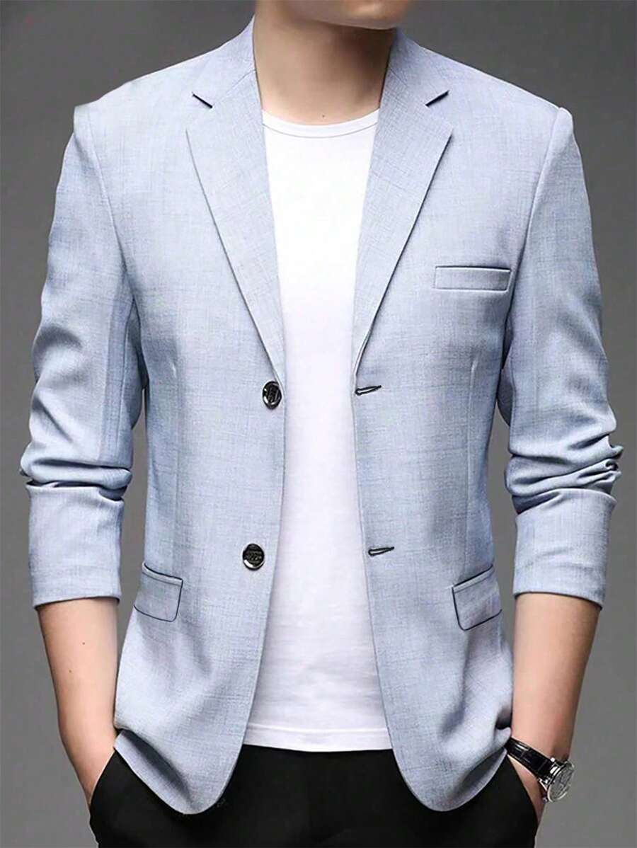男士淺藍色亞麻款休閒西裝外套,2024年春秋單排釦來西裝外套 - 藍色 - 查看 1