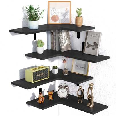 Corner Floating Shelves Set Of 4, Wood Corner Shelf For Wall Decor Storage, Rustic Wall Mounted Storage Shelves For Living Room, Bathroom, Bedroom, Kitchen