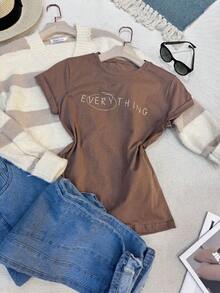Women's T-Shirt Short Sleeve 100% Cotton Crew Neck Always With Print E VERY THING - 咖啡棕 - 查看 3