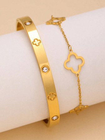 Vintage Stijl Premium Roestvrijstalen Zirconia Bloem Armband En Bangle Set Voor Vrouwen, Dagelijks Gebruik Valentijnsdag