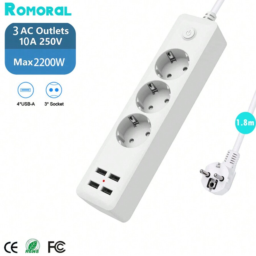 Romoral EU Plug 3AC Electrical Sockets 4USB Power Strip 5V 2.4A 1.8M