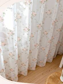 1pc Perforated Fresh Ditsy Floral Embroidered Sheer Curtain For Bedroom/Living Room, Pink