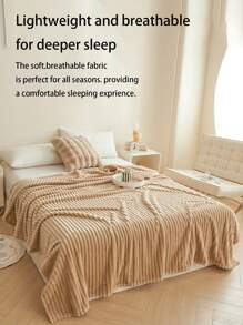 1 件牛奶咖啡色条纹绒毛法兰绒毯子，柔软舒适，适合卧室和客房 - 杏色 - 查看 4